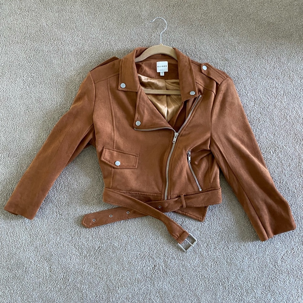 Ellison Cognac Brown Faux Suede Moto Jacket Size Small